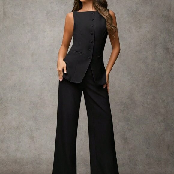 Black Elegant Women's Business Casual Vest & Pants Suit Two-Piece Set - Picture 4 of 6